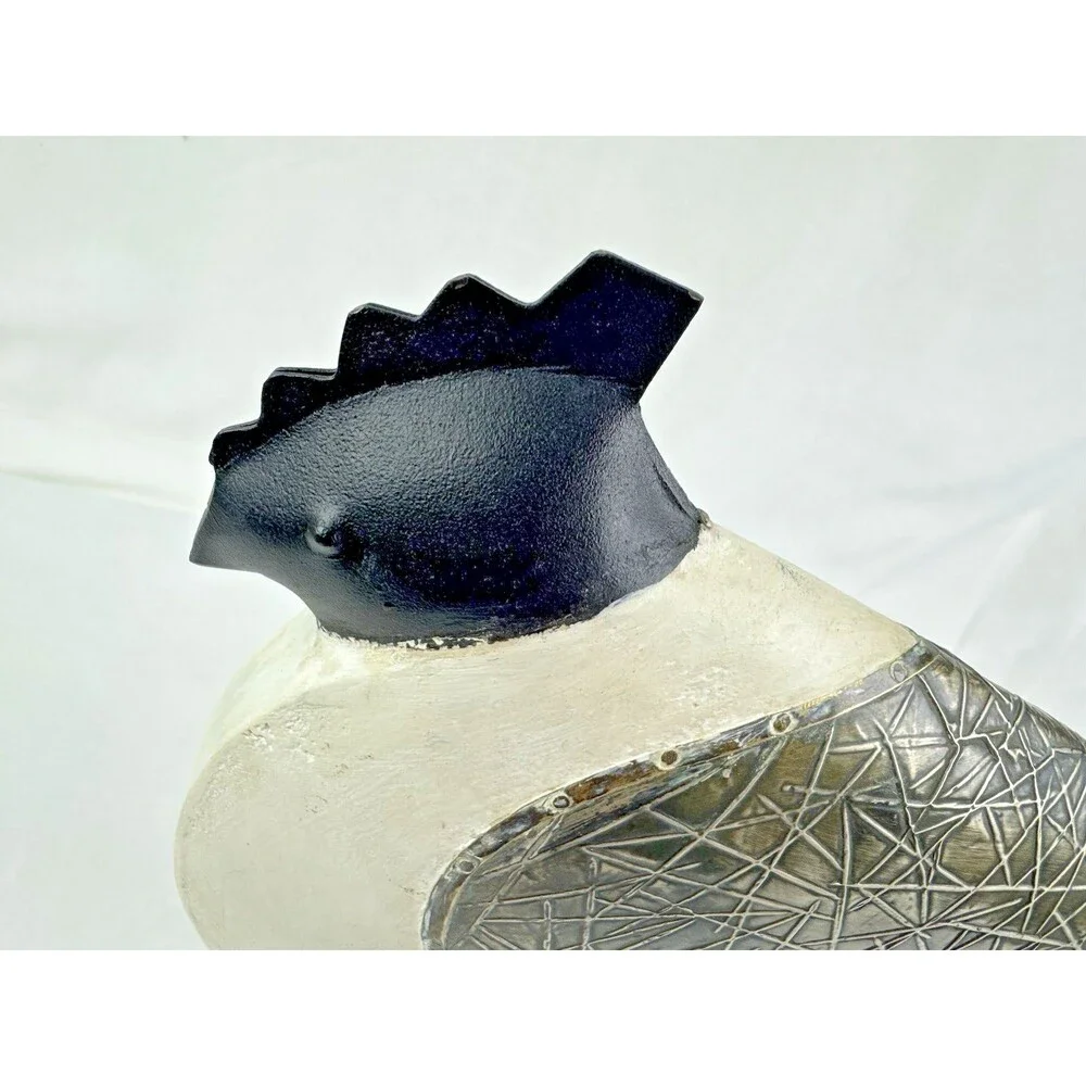 Pier 1 Chicken Rooster Statue Cast Iron Wood Black & White 10” Tall